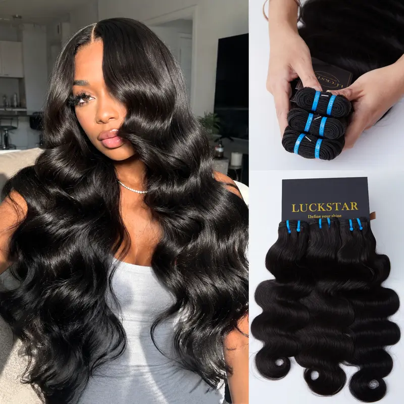LUCKSTAR Virgin Human Hair Bundles Ultra-Thin Wefts Double Drawn Cuticle-Aligned Body Wave Extensions Reusable Dye/Bleach Ready Long-Lasting Professional Sew-In and Quick Weave