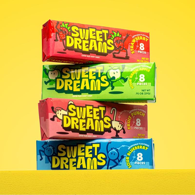 Sweet Dreams Center Filled Soft Chewy Candy Individually Wrapped, Gluten-Free Candies, Bulk Fruit Chews - Variety Pack 3 Sticks Per Bag, 8 Pieces Per Stick