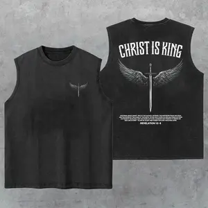 Christ Is King Washed Tank Top, Gym Essential, Vintage Casual Crewneck Short Sleeves Menswear T-shirt Classic Cotton Fabric Streetwear
