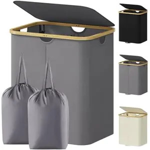 Laundry  Hamper  120L Double  with Lid, Large Dual Laundry Basket Removable Bags, 2 Sections Aesthetic Clothes Hampers for Laundry with Bamboo Handles for Bedroom Bathroom Dorm, Grey