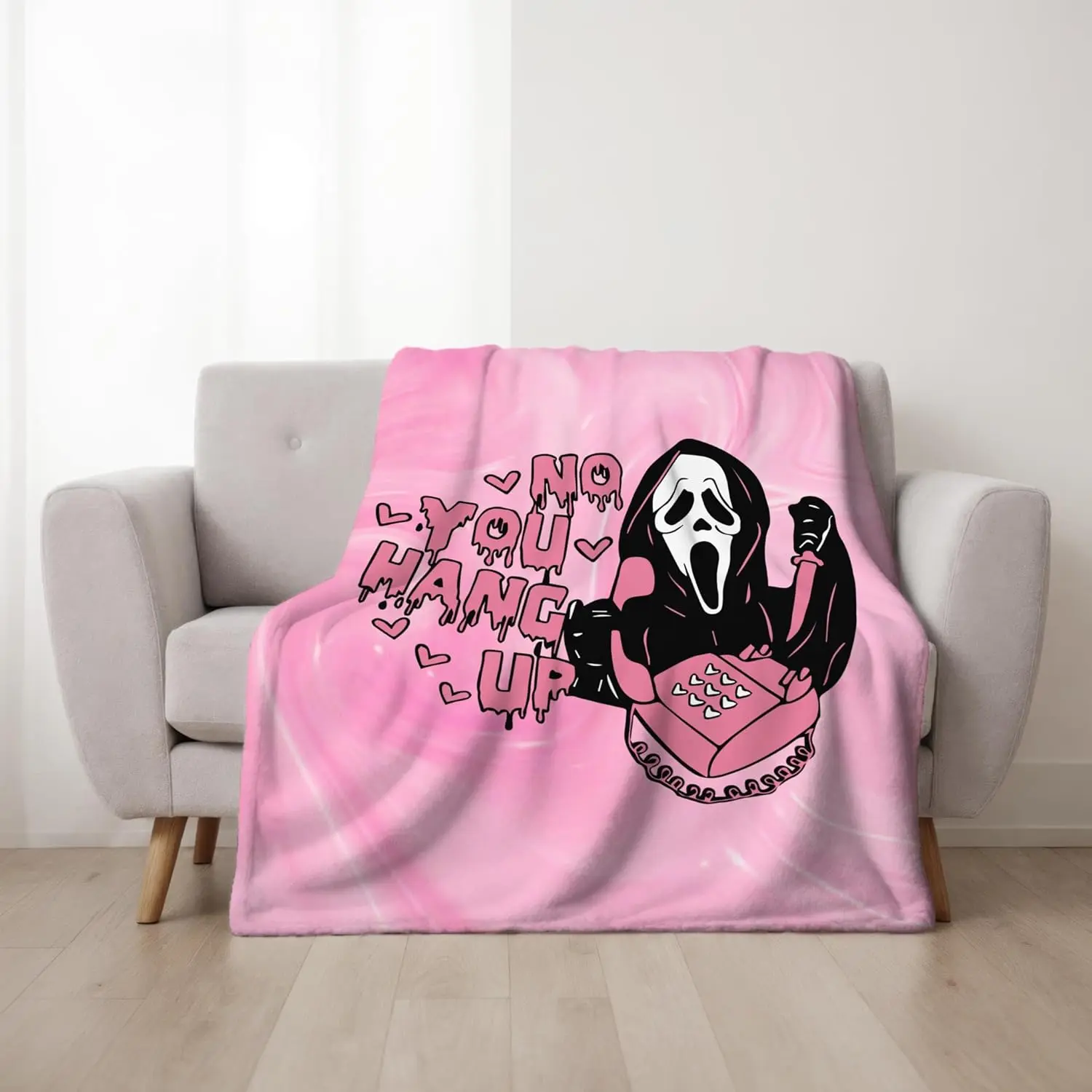 50''x 60'' Funny No You Hang Up Pink Horror Ghost Flannel Throw Blanket - Cozy Lightweight Thick Blanket - Soft Fuzzy Plush Blankets Throws- Halloween Valentine's Day Gifts for Bedroom Bed Sofa