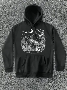 Men's Mushroom Print Drawstring Hoodie, Casual Comfy Pocket Hooded Sweatshirt for Daily Wear, Men's Clothes for Fall & Winter