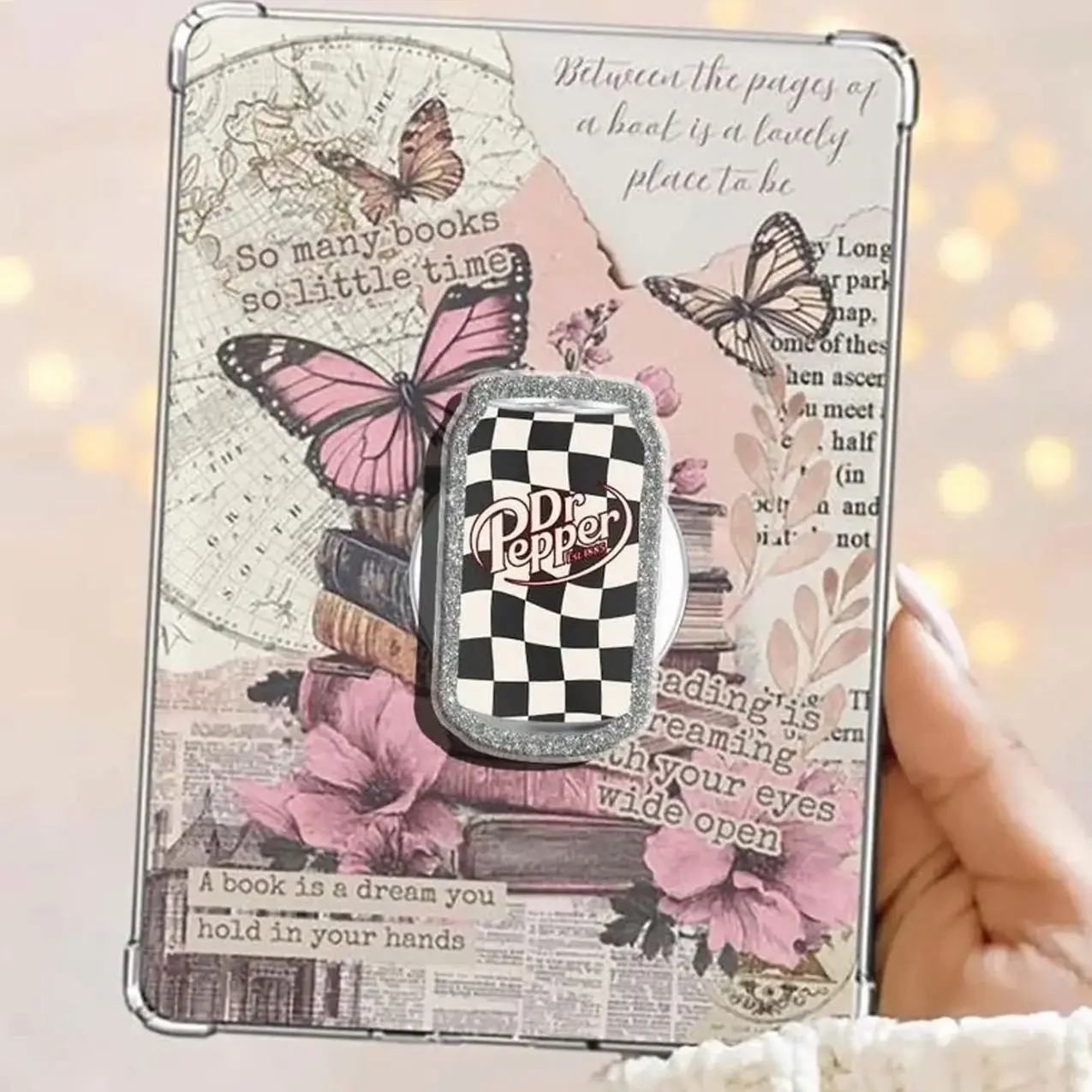 Dr Pepper Checkerboard Kindle Grip, Soft Drink Book Lover Phone Holder PopSocket, Cute Kindle Accessories, Magnetic Phone Grip, Trending Pop Socket for Bookish Fans
