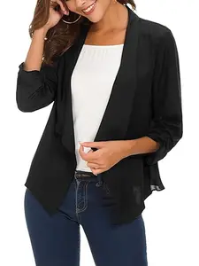 A women's black collarless chiffon cardigan jacket, commuter casual style loose and thin three-quarter-sleeved top, suitable for daily commuting, coffee shop, shopping, etc.