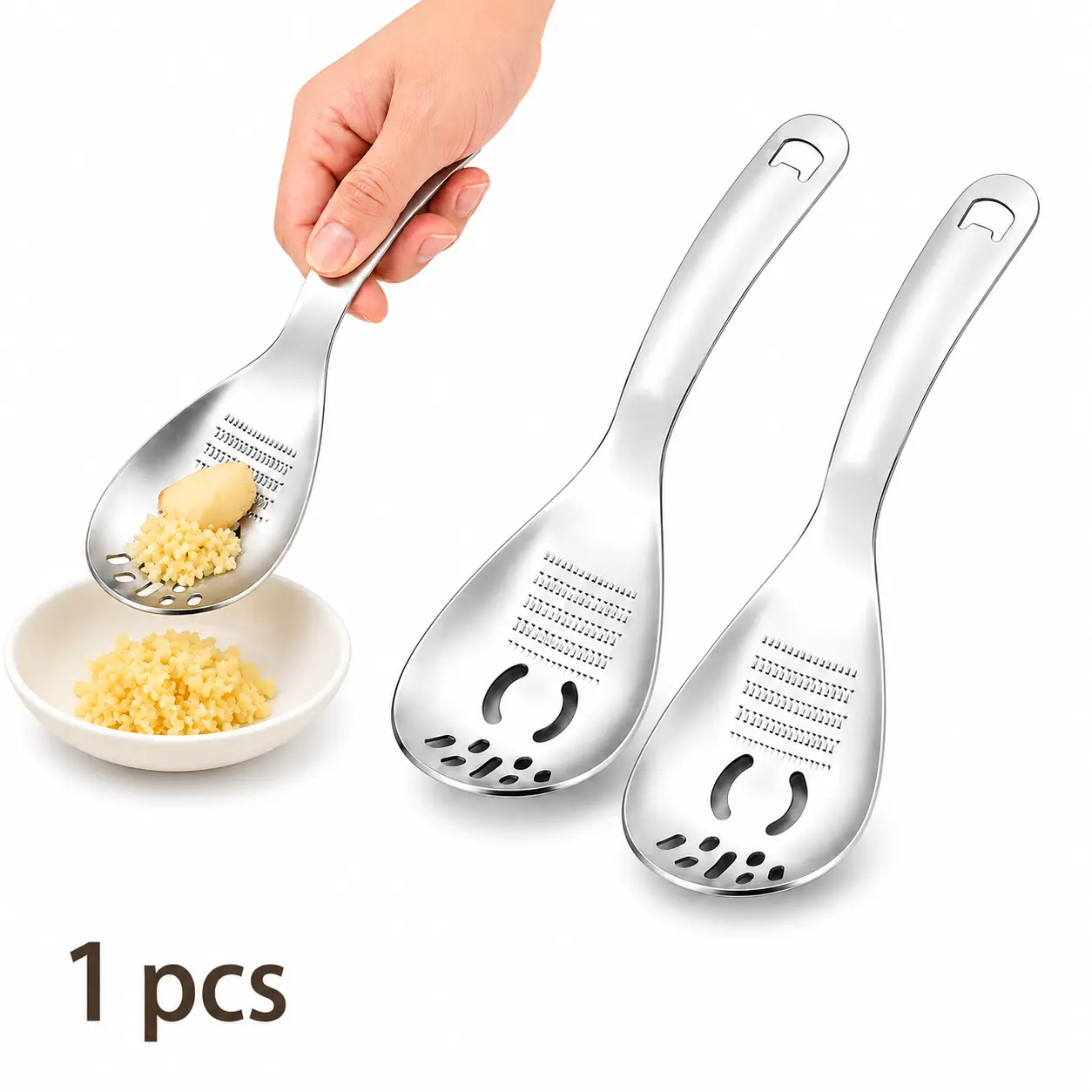 Stainless Steel 5-in-1 Kitchen Spoon Gadget - Multifunctional Utensil for Grating, Mashing, Egg Straining, Scooping, Bottle Opening - Home Cooking Tool (Silver)