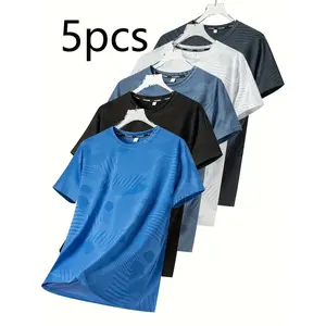 Pack of 5 short-sleeve tops in various colors; breathable, casual fit suitable for fitness and sports; designed for teenage boys/male students; crew neck with a geometric print; stretchy fabric; ideal for outdoor everyday wear.