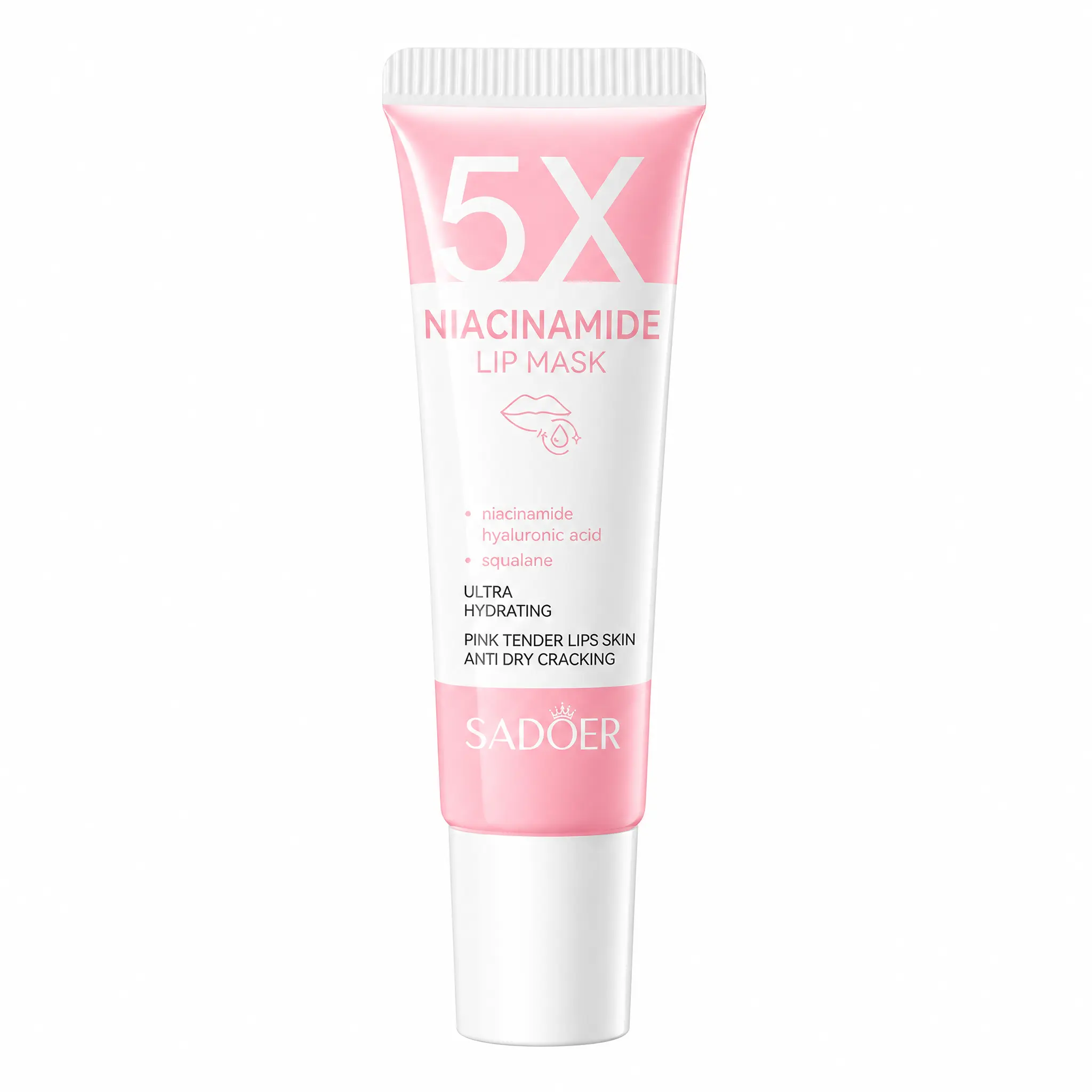 SADOER 5X Niacinamide Lip Mask contains hyaluronic acid and squalane. It deeply locks in moisture to ease chapped lips and helps reduce lip lines. Works as overnight lip care or lipstick primer. Portable tube for convenient daily lip care anytime.