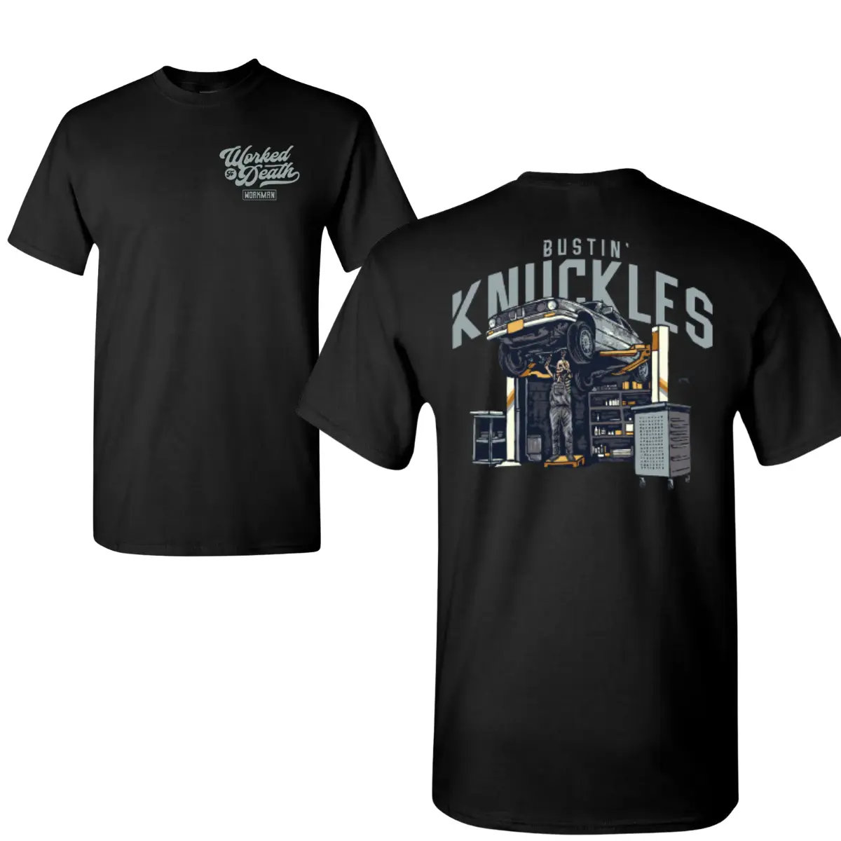 Worked To Death Bustin’ Knuckles T-Shirt, Funny Garage Mechanic 2 Sides Design, Soft Cotton Blend Shirt, Auto Shop Repair Gift for Men & Women