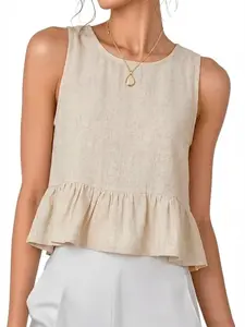 IDEALSANXUN Women's Ruffle Linen Tank Top - Sleeveless Cute Vest Shirt for Spring, Summer, Beach Wear