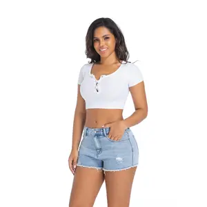 Women's Mid-Low Waist Elastic Ripped Denim Shorts - Casual Summer Bottoms, Light Blue Minimalist Baggy Style, Comfortable Everyday Wear - Basic