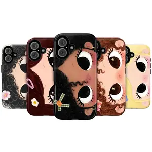 Kawaii Curly Hair Girl Phone Case Artistic Big Eyes Protective Case Compatible for iPhone 17ProMax 16 15Plus 14 13 12Pro 11, Samsung Galaxy S26 S25 S24 S23 S22 Cute Minimalist Case Perfect Gift for Her