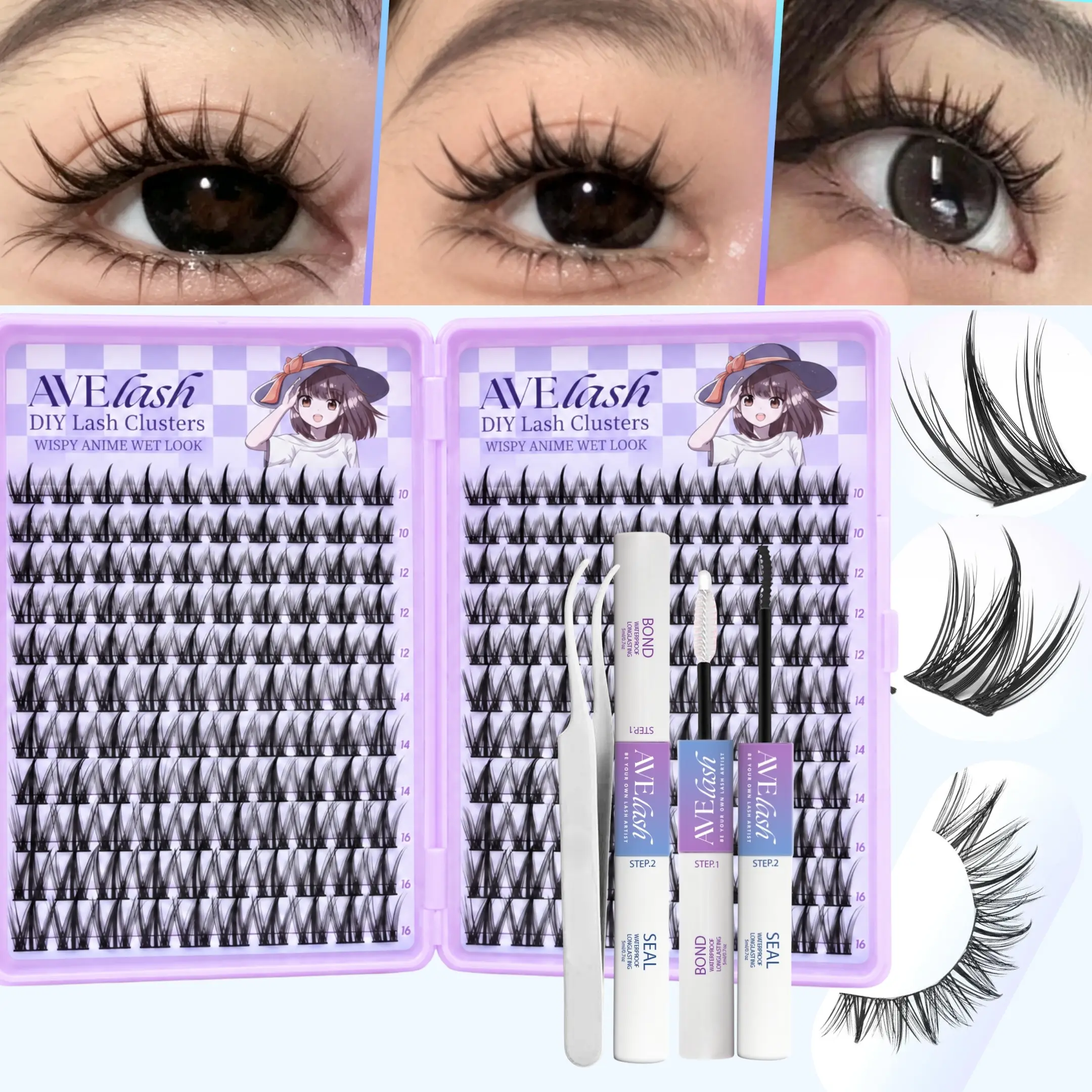 AVELASH Pixie Lash Clusters Ki, Puppy Lashes 200-Pcs CC Curl 8-16mm Waterproof Fiber Lash Clusters, Wispy Natural Eyelash Extensions for Manga Anime Cosplay Makeup, Eyelashes Extensions