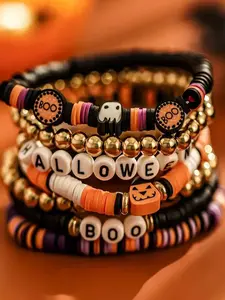A seven piece Halloween pumpkin soft pottery bracelet with punk gothic style layered letter jewelry, suitable for daily wear, vacation and dating occasions, and is also a surprising and exquisite small gift.
