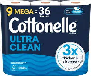 Cottonelle Ultra Clean Toilet Paper, 9 Mega Rolls = 36 Regular Rolls, Packaging May Vary