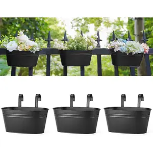 3-Pack Metal Hanging Flower Pots with Hooks – Black Railing Planters for Fence, Balcony, Window, Garden Decor