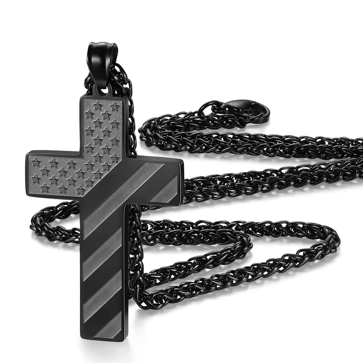 American Flag Cross Necklace for Men and Boys, Stainless Steel Statement Religious Pendant with Engraved Bible Verse Joshua 1:9, 22" Wheat Chain, Father's Day Gift, Cross Design, Cross Charm Necklace