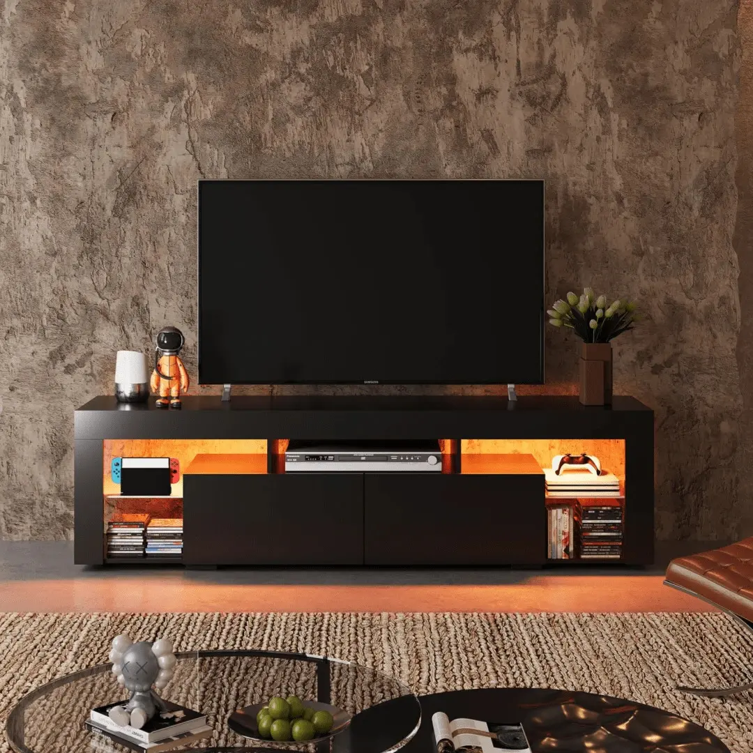 63-Inch Minimalist Modern TV Stand - Particle Board Console Cabinet with 2 Drawers, Open Shelves, LED Lighting, Long Plate Base, Living Room Entertainment Center for 60-70 Inch TVs, Tv Console Cabinet