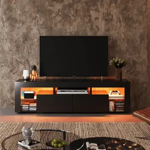 63-Inch Minimalist Modern TV Stand - Particle Board Console Cabinet with 2 Drawers, Open Shelves, LED Lighting, Long Plate Base, Living Room Entertainment Center for 60-70 Inch TVs, Tv Console Cabinet