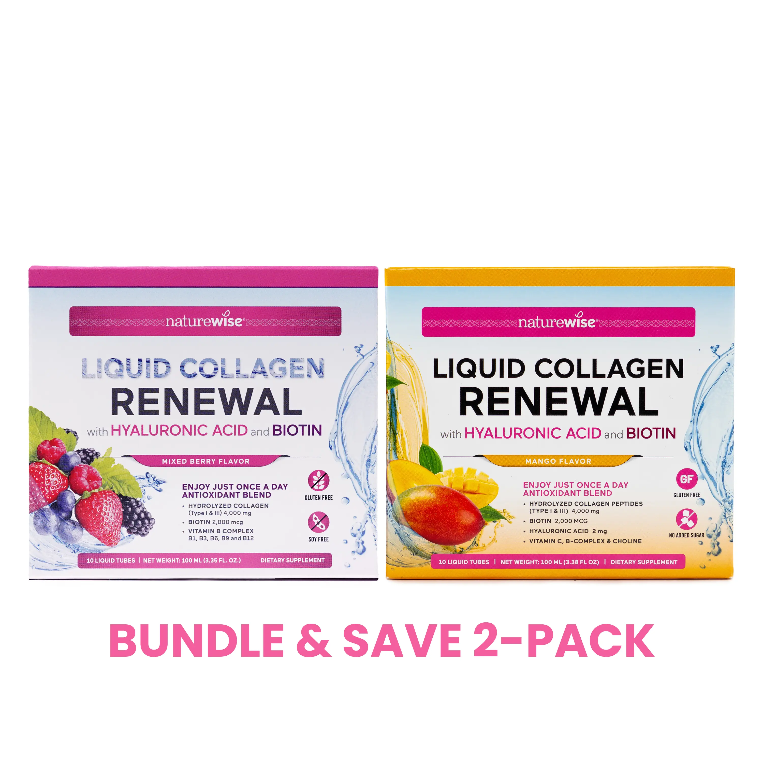 Liquid Collagen Renewal 2-Pack Bundle- Hydrolyzed Liquid Collagen for Women & Men 4000mg - Type 1 & 3 Peptides + Biotin + Vitamin C + B Complex & Hyaluronic Acid - Mixed Berry and Mango Flavor - Beauty Supplement - 60-Day Supply