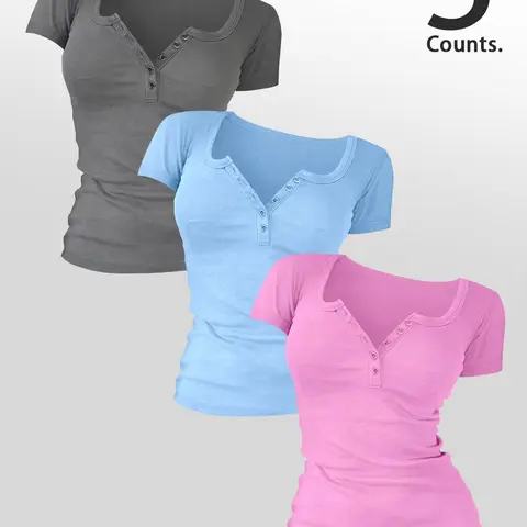 Women's Colorblock Round Neck Button Tee, Casual Basic Short Sleeve Summer T-shirt for Daily Wear, Ladies Clothes for All Seasons, Top, Casual Office Top, Casual Tops, Womenswear