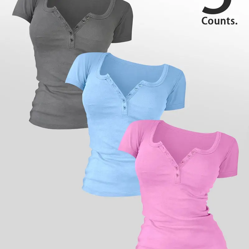 Women's Colorblock Round Neck Button Tee, Casual Basic Short Sleeve Summer T-shirt for Daily Wear, Ladies Clothes for All Seasons, Top, Casual Office Top, Casual Tops, Womenswear