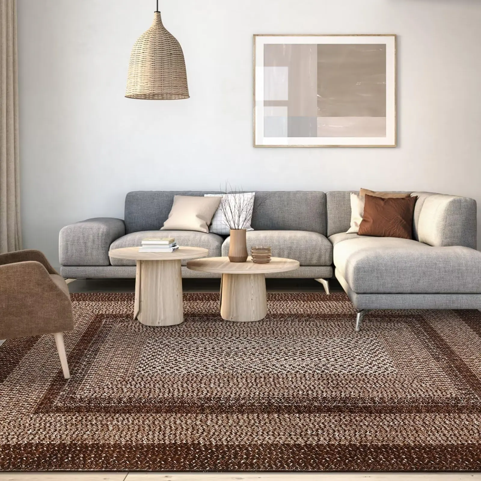 Washable Rug 9x12 Area Rugs for Living Room Modern Bedroom Rug Brown Printed Braided Large Area Rug Non Slip Throw Rugs Stain Resistant Carpet for Nursery Dining Room Dark Brown