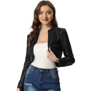 INSPIRE CHIC Open Front Long Sleeve PU Leather Crop Jacket