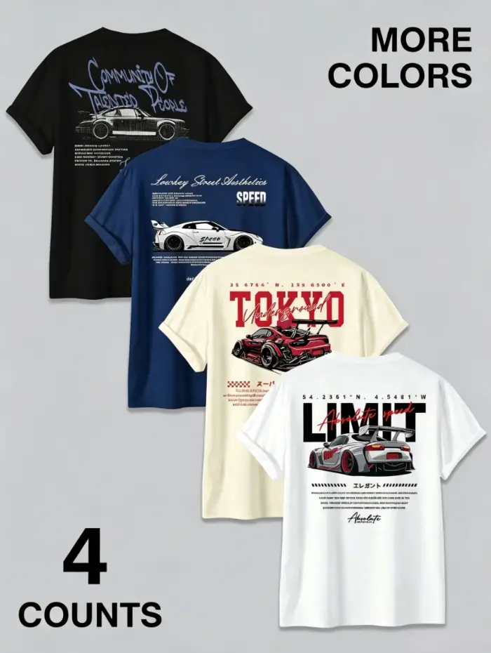 4-Pack JDM Car & Tokyo Street Aesthetic Vibe Graphic Round Neck Fitted Man T-Shirts, Racing Streetwear Casual Tee Set
