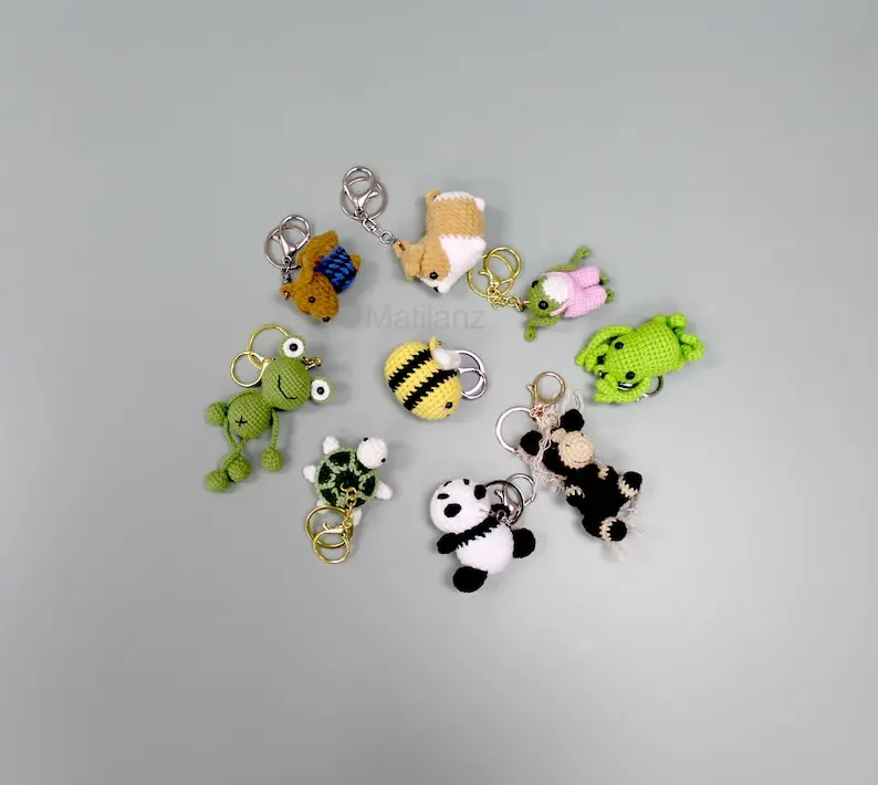 Crochet Animal Keychain: Handmade Plush Bee, Dog, Frog, Panda, Horse, Turtle