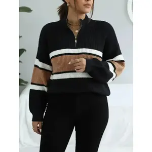 Women's Colorblock Striped Print Half Zip Up Mock Neck Sweater Pullover, Casual Loose Drop Shoulder Long Sleeve Jumper, Women's Fall & Winter Knitwear For Daily Wear