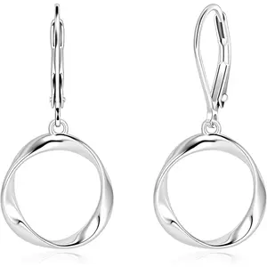 Dangle Earrings for Women, Silver Round Twist Dangling Leverback Earrings, 14K Gold Plated Hypoallergenic Lightweight Circle Dangly Drop Earings for Women Minimalist Jewelry Gifts, Mobius Design