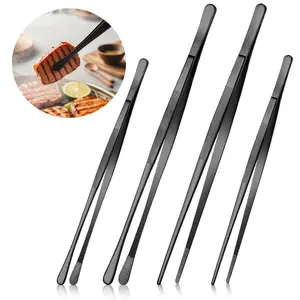 4 PACK Kitchen Cooking Tongs Tweezers, Fine Tweezers Tongs with Precision Serrated Tips, Extra-Long Stainless Steel Tweezers for Chef, Serving Food, Grill, Salad, BBQ, Barbecue Utensils