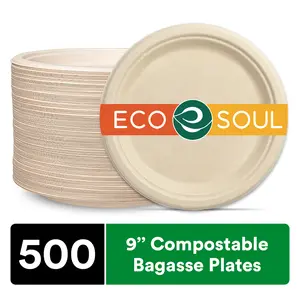 100% Compostable 9 Inch Bagasse Paper Plates, 500 Counts | Heavy-Duty Disposable Plates | Eco-Friendly Made of Sugarcane Fibers-Natural Unbleached Biodegradable Plates