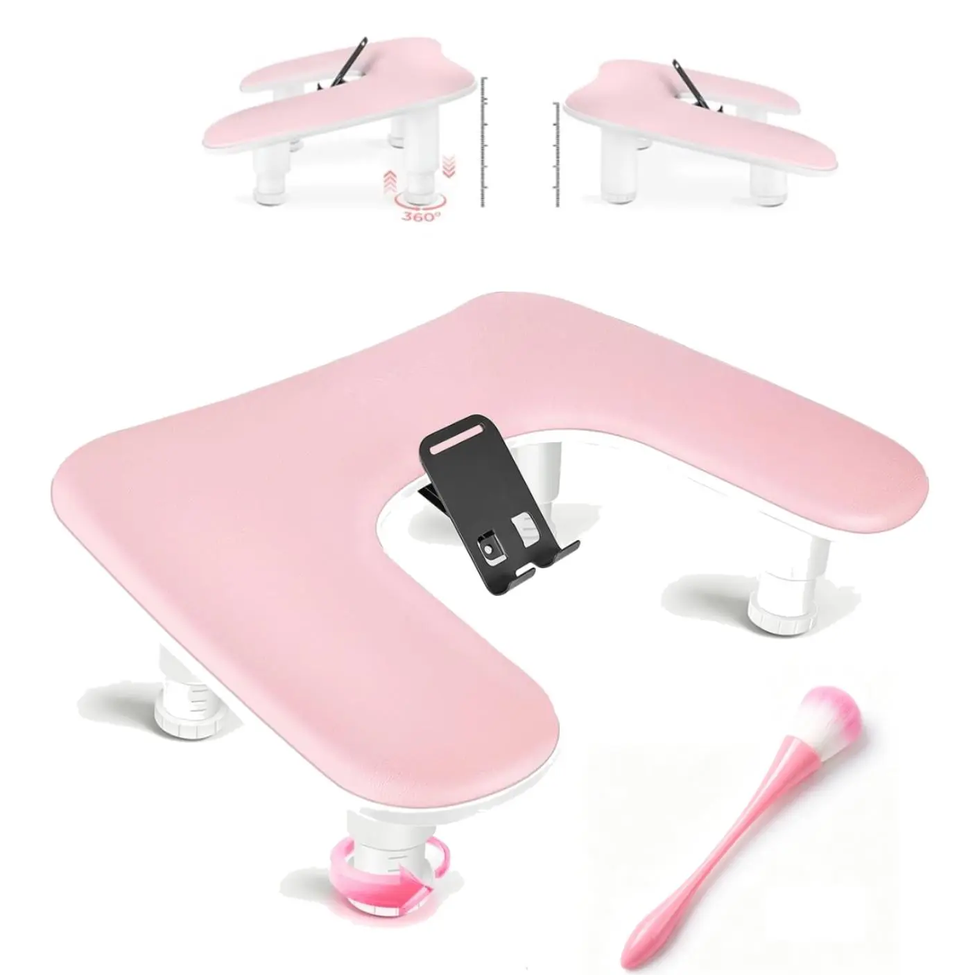 Pink U-Shaped Adjustable Height Manicure Nail Art Armrest - 1 Piece, Ergonomic Non-Slip PU Leather Tech Support with Phone Holder, Dust Brush, Reduces Long-Term Operational Fatigue for Nail Salons, Home Use