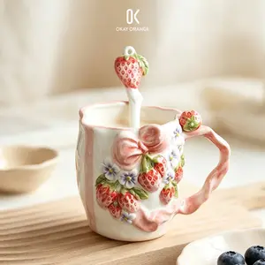 Cute Strawberry Ceramic Mug with Spoon Kawaii Coffee Cup Floral Bow Tea Mug Aesthetic Pink Drinkware Gift for Women 17oz