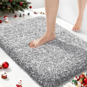 Bathroom Rugs Non Slip Washable, Ultra Soft and Water Absorbent Bath Mats, Plush Fluffy Shower Mat Outside, Microfiber Thick Matts for Bathroom Floor/Sink, 24x17, Light Gray and White