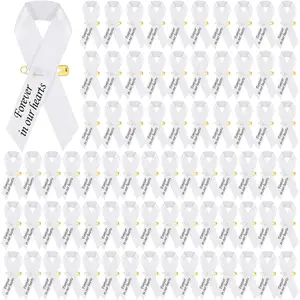 100 count Funeral Memorial Ribbons Funeral Pins Classic Memorial Service Respect Meditation Ribbon Bow with Safety Pins for Mourning Remembrance Day Event(White)