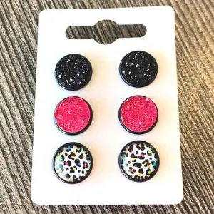 Women's Leopard Druzy Studs Earring Set - 12mm with Black, Bright Pink, and Colorful Retro Style Leopard Print Earrings cute earring stud jewelry fashion summer