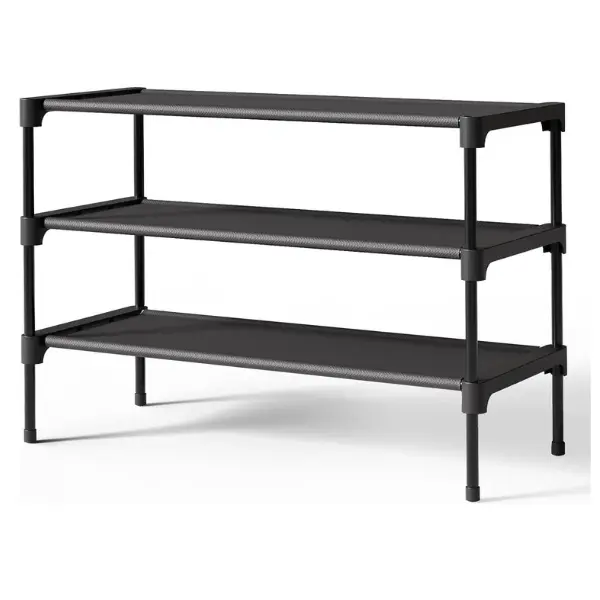 Black 3-Tier Stackable Non-Woven Fabric Shoe Rack Organizer, 27.5" Wide Rectangular Indoor Furniture Shelving - Stackable Storage Solution for Footwear in Closet, Entryway