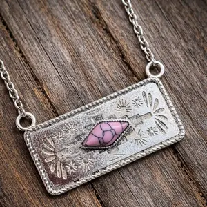 Western Pink Stone Stamped Silver Bar Necklace