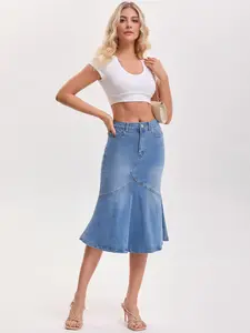 INSPIRE CHIC Women's Bodycon Fishtail Denim Skirt High Waisted Ruffled Knee Length Jean Skirt