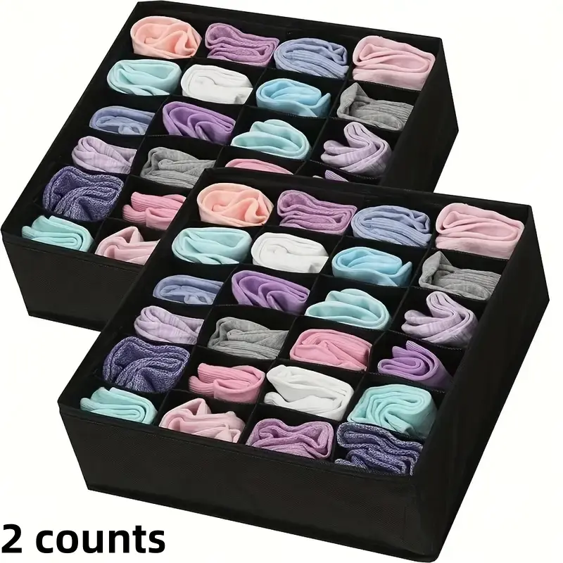 2 Counts 24 Compartments Divided Compartments Anti Mold Foldable Drawer Divider for Underwear, Socks & Accessories Storage - Space Saving, Easy To Install, Black Drawer Organizer, Durable Lightweight Organizer, Foldable Organizer Boxes