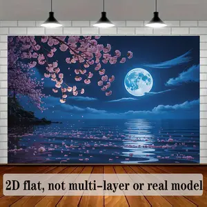 2D Flat Print Polyester Sakura Moon Theme Summer-Vibe Banner, Soft Home Wall Decor, Party Decorations Banners, Backdrop Prop for Home & Party Occasions
