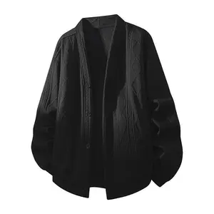 Men’s casual simple versatile double-layer twisted button ribbed texture knit diamond pattern cardigan crewneck sweatshirt