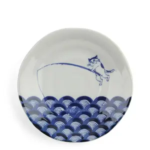 Gone Fishin' Blue & White Cat Dessert Plate
