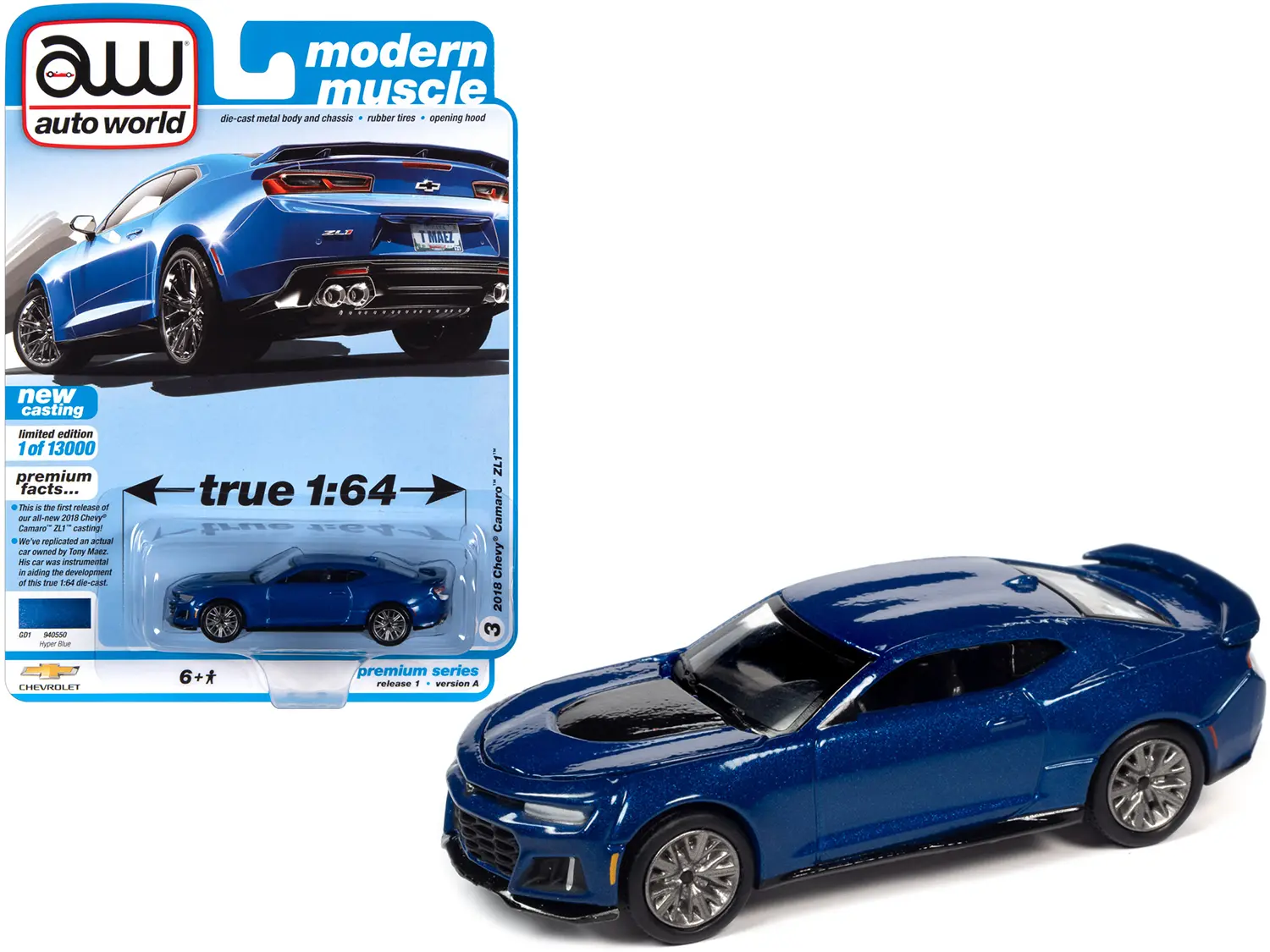 2018 Chevrolet Camaro ZL1 Hyper Blue Metallic "Modern Muscle" Limited Edition to 13000 pcs 1/64 Diecast Model Car by Auto World