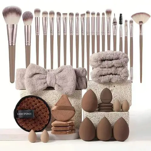 40pcs/set Professional Synthetic Makeup Brushes Multi-Pack - Beauty Sponge, Puffs, Headband, Water-Ready Cleaning Bowl, Multi-Use Facial Accessories for Grunge Makeup