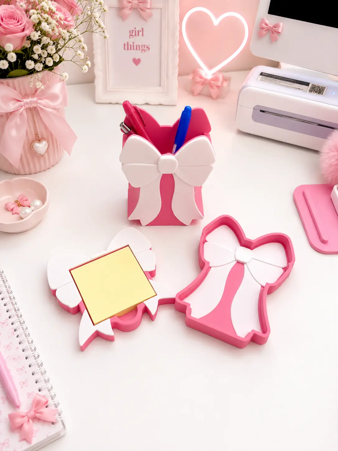 Pink Bow Desk Organizer Set | Pen Holder, Sticky Note Holder & Desk Tray