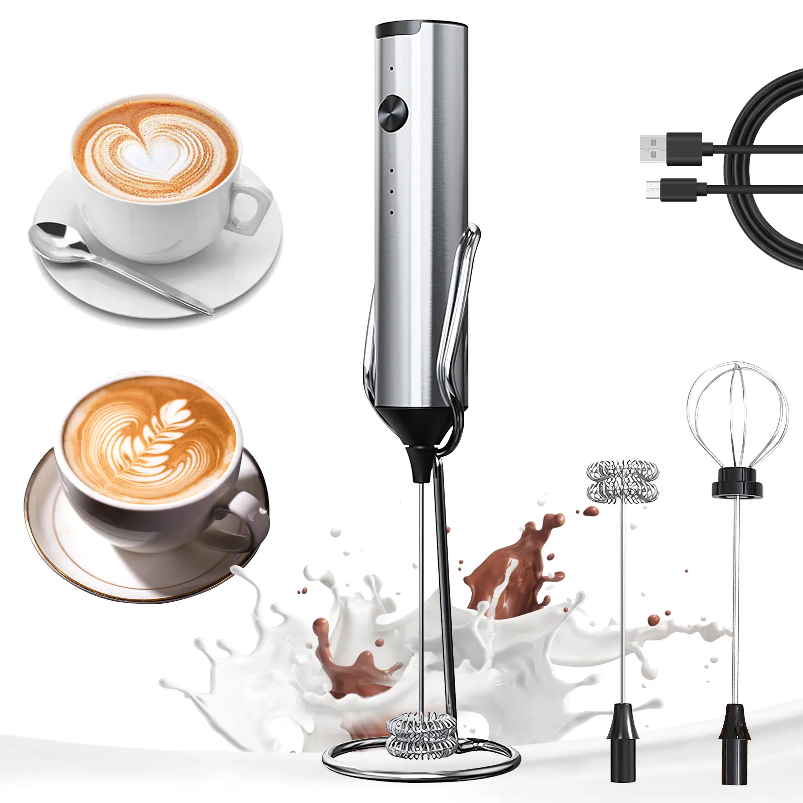 YARRAMATE Rechargeable Milk Frother, Milk Frother Handheld w/2 Heads 3 Speeds, Kitchen Utensils Without Battery, Coffee Mixer, Electric Milk Bubbler, Detachable Stainless Steel Whisk for Juice, Prebiotic Powder, Latte,Cappuccino,Matcha,Egg - Black/White