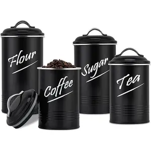 Kitchen Canister Set of 4, Airtight Stainless Steel Food Storage Containers with Lids, Flour Sugar Coffee Tea Canisters for Countertop, Metal Kitchen Storage Jars, Black
